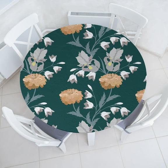 Ambesonne Vintage Floral Fitted Round Tablecloth, Iris Campanula Art, 36"- 40" Diameter, Pastel Brown Teal