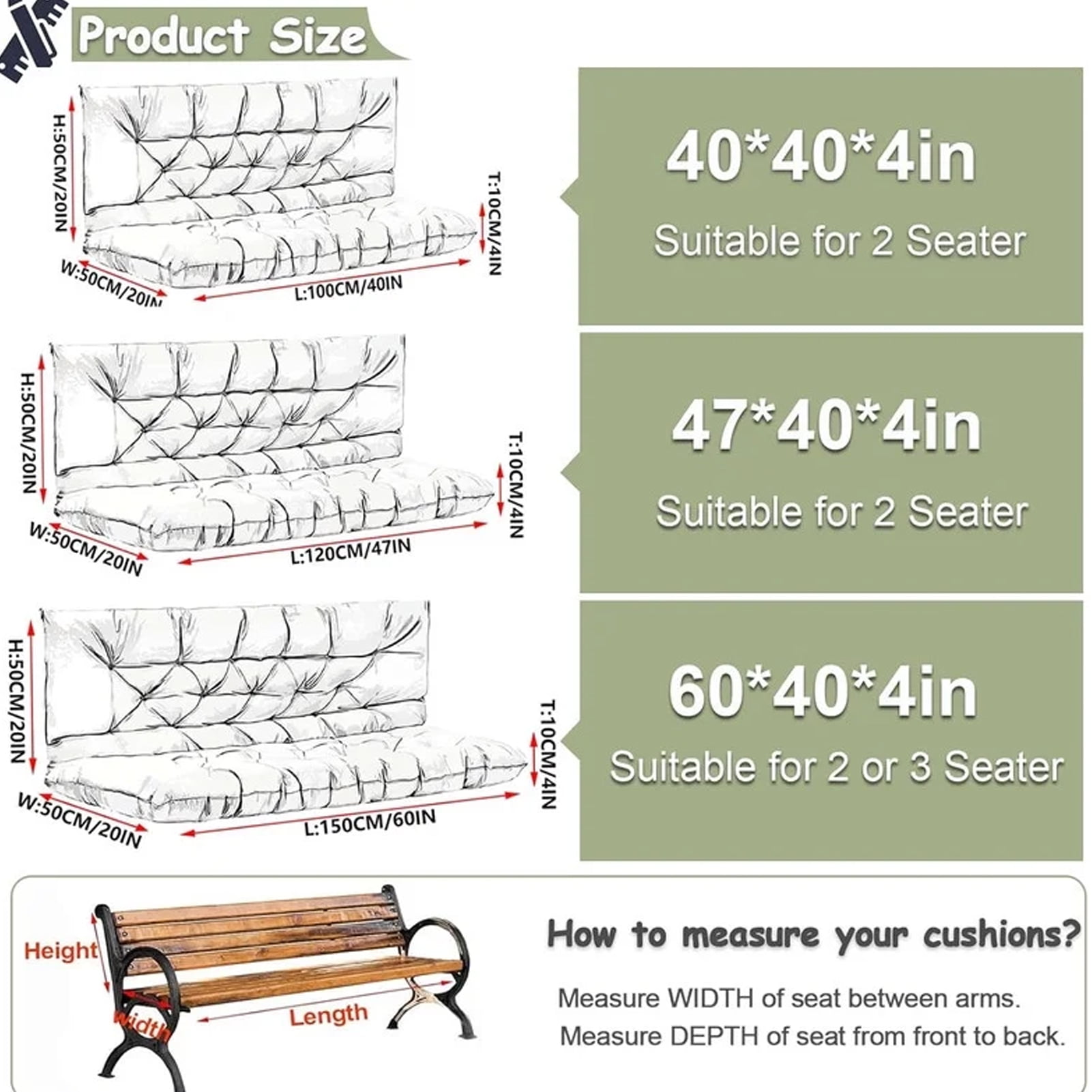 Replacement Cushions for Swing, Waterproof Porch Swing Cushion, 2-3 Seat Outdoor Bench Cushion with Backrest for Patio Furniture Garden Porch Loveseat Glider Pad (Bamboo Leaves 47*40in)