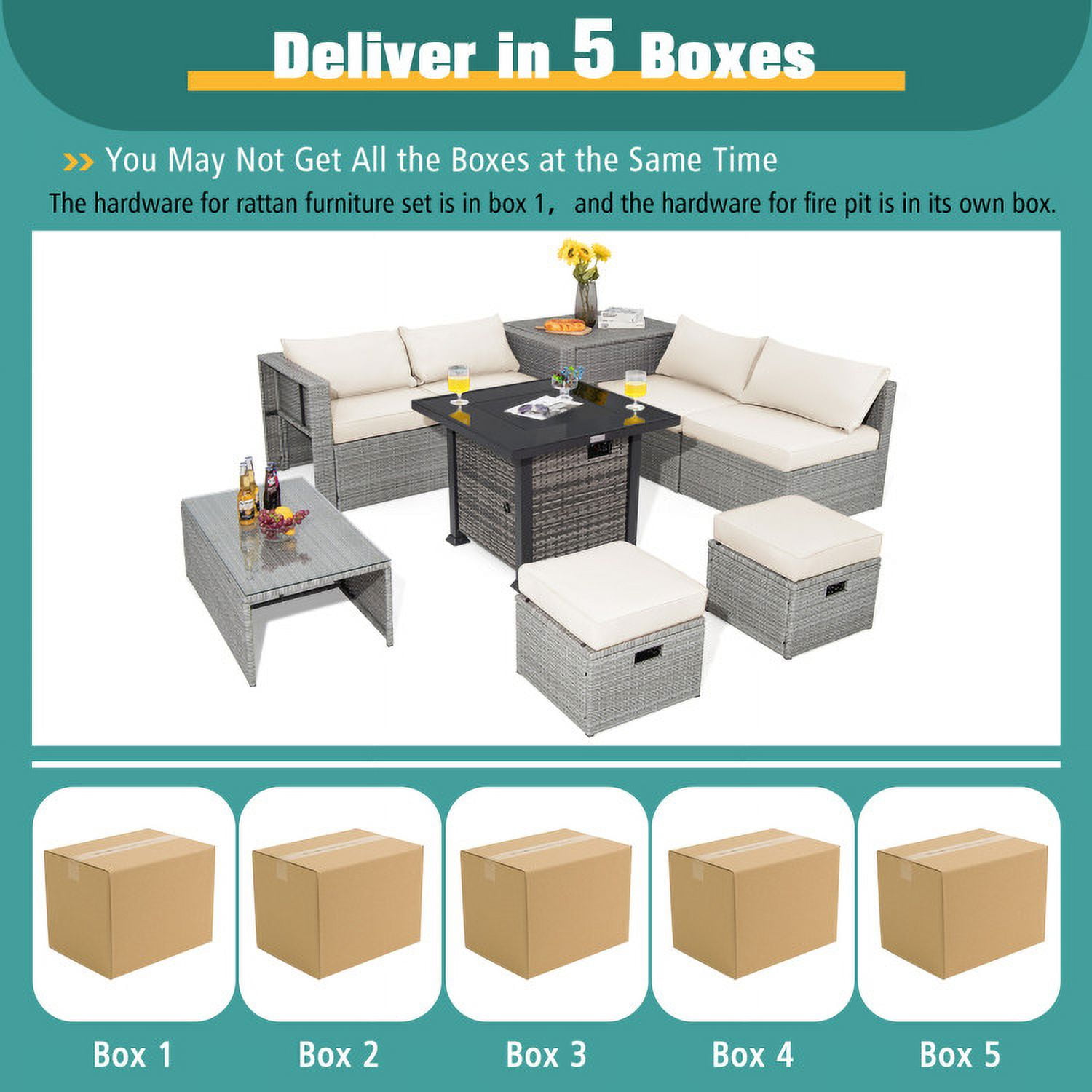 Aimee Lii 9 Pieces Outdoor Patio Furniture Set with 32-Inch Propane Fire Pit Table, Outdoor Patio Set, Off White Aimee Lii 9 Pieces Outdoor Patio Furniture Set with 32-Inch Propane Fire Pit Table, Outdoor Patio Set, Off White