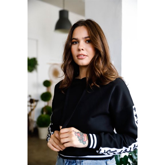 Black Contrast Lace Up Sleeve Detail Striped Cuff & Hem Hooded Sweatshirt S