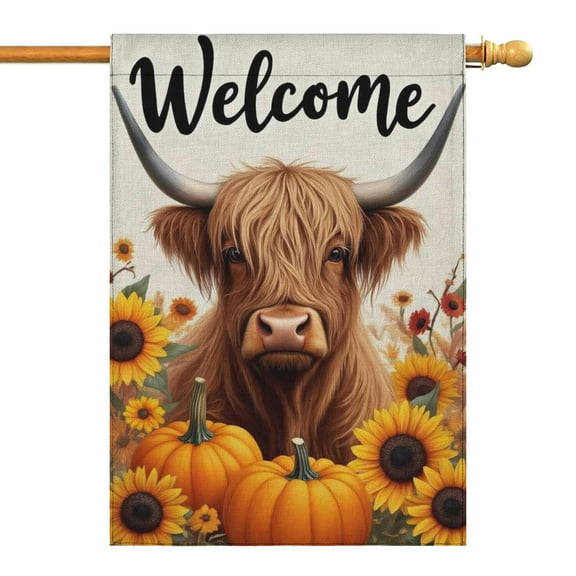Fall Highland Cow with Pumpkins and Sunflowers Fall Garden Flags 28"x40” Double Side,Small Yard Flags for Outside,Outdoor Fall Decor,Autumn Funny Garden Flag Yard Decoration
