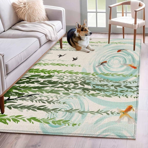 Spring Green Leaves Area Rugs 2.7'x5', Washable Small Throw Rugs for Kitchen Bedroom, Japanese Koi Fish Birds Vintage Indoor Outdoor Rug Non-Slip Low Pile Carpet Runner Reversible Floor Mats