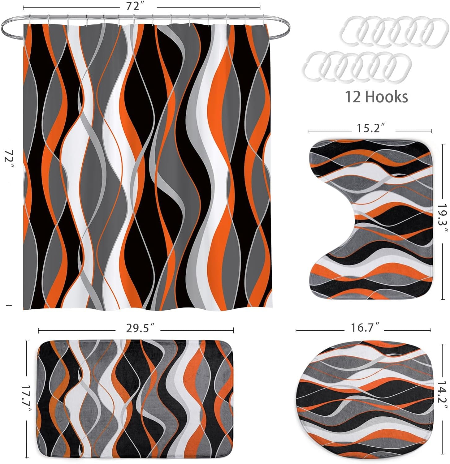 4 Pcs Striped Shower Curtain Sets with Rugs for Bathroom Decor, Grey  Bathroom Sets with Shower Curtain and Rugs, Modern Fabric bathroom decor sets accessories, Orange and Black