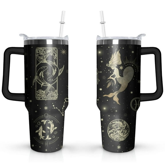 Pisces 40oz Handle Cup with Lid and Straw, Astrology Cup, Gothic Cup, Constellation Mug, Zodiac Gifts for Men Women, Constellation Gifts, 40oz Large Capacity Cups with Handles, Lids, and Straws