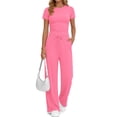 thumbnail image 5 of Sundazz 2 Piece Sets for Women Summer Lounge Set Ruched Top and Wide Leg Pants Matching Set Fashion Vacation Travel Outfits Clothes,Pink,L, 5 of 8