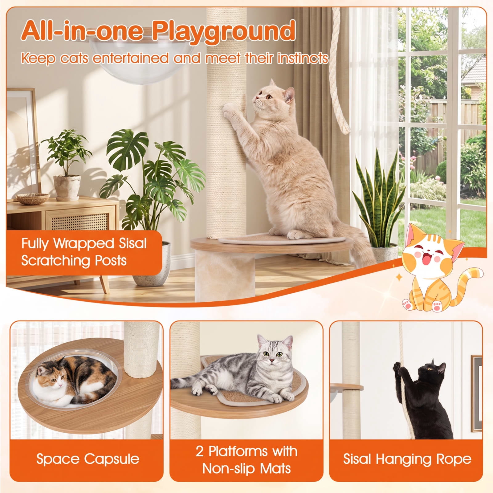 Vebreda Floor-to-Ceiling Cat Tree with Hidden Litter Box Enclosure, Adjustable Cat Tower with Condo, Sisal Scratching Posts, 101-108.5 Inch, Brown