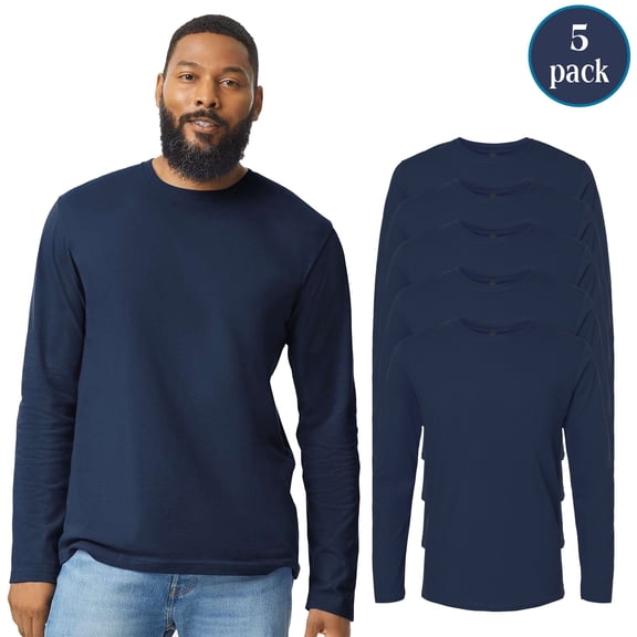 Gildan Softstyle Long Sleeve T-Shirt for Men, Navy Cotton Crewneck Tee, Modern Fit, Pack of 5, XL