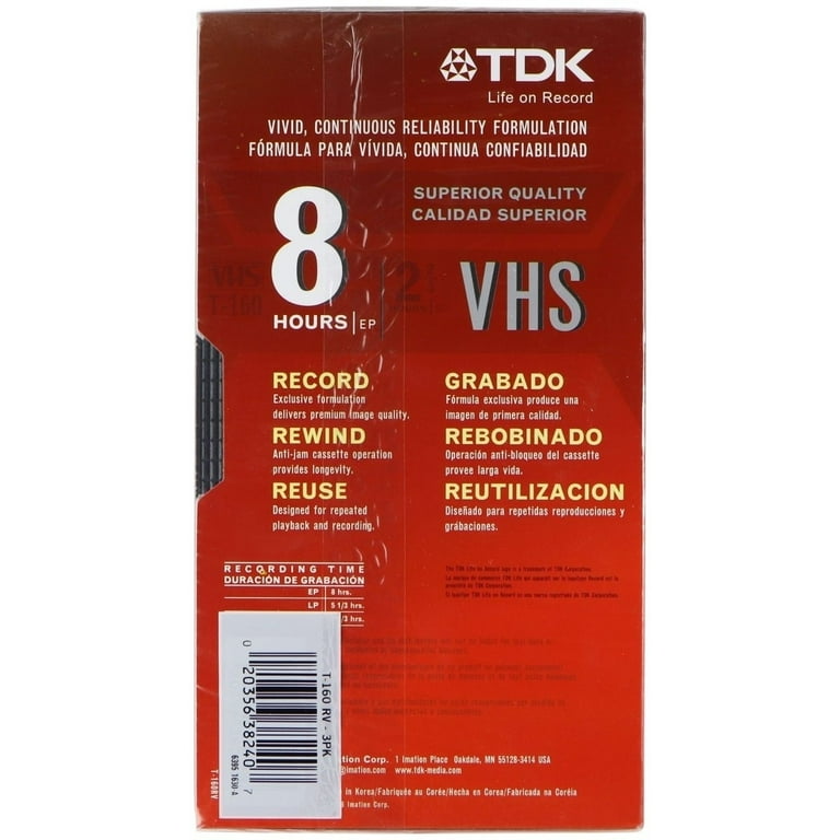 TDK T-160 VHS Tapes 8 Hour Recording Time EP - Black, 3 Pack
