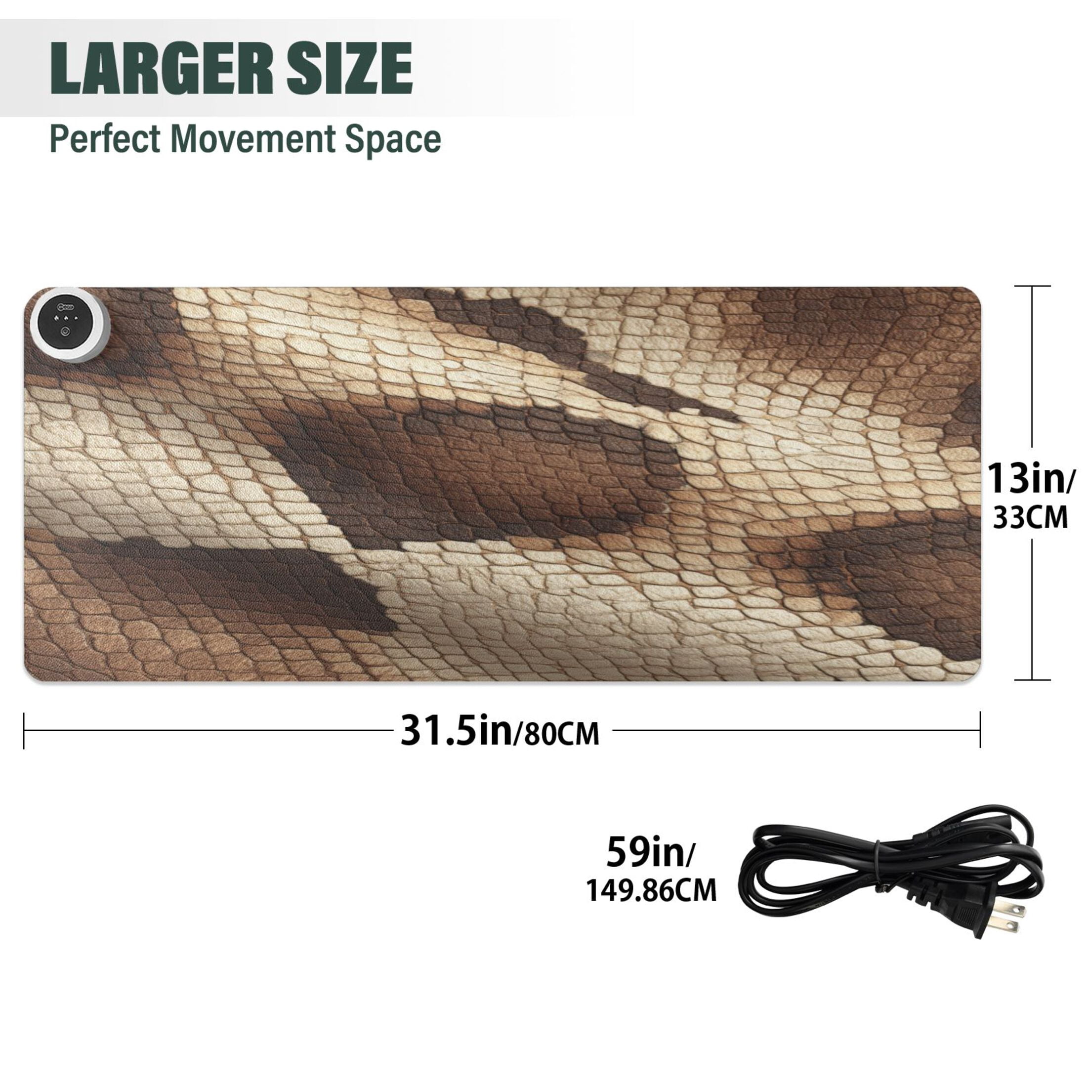 Large Heated Desk Mat Mouse Pad 31.5"x13"PU Leather Graphene Heating Desk Warmer with 3 Temperature Settings 110V US Plug Non-Slip Warm Pad for Home, Office, and Gaming Brown Snake Skin Pattern