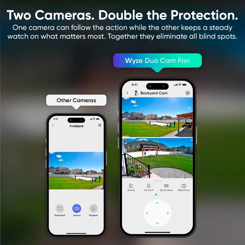 Wyze Duo Cam Pan Indoor/Outdoor Smart Security Camera 2K IP65 360° Pan/Tilt with Color Night Vision and Spotlight