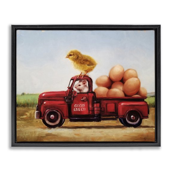 Stupell Industries Rustic Lodge Chick & Mouse Farm Egg Truck Black Floating Frame Canvas Art, 21 x 17, by Lucia Heffernan