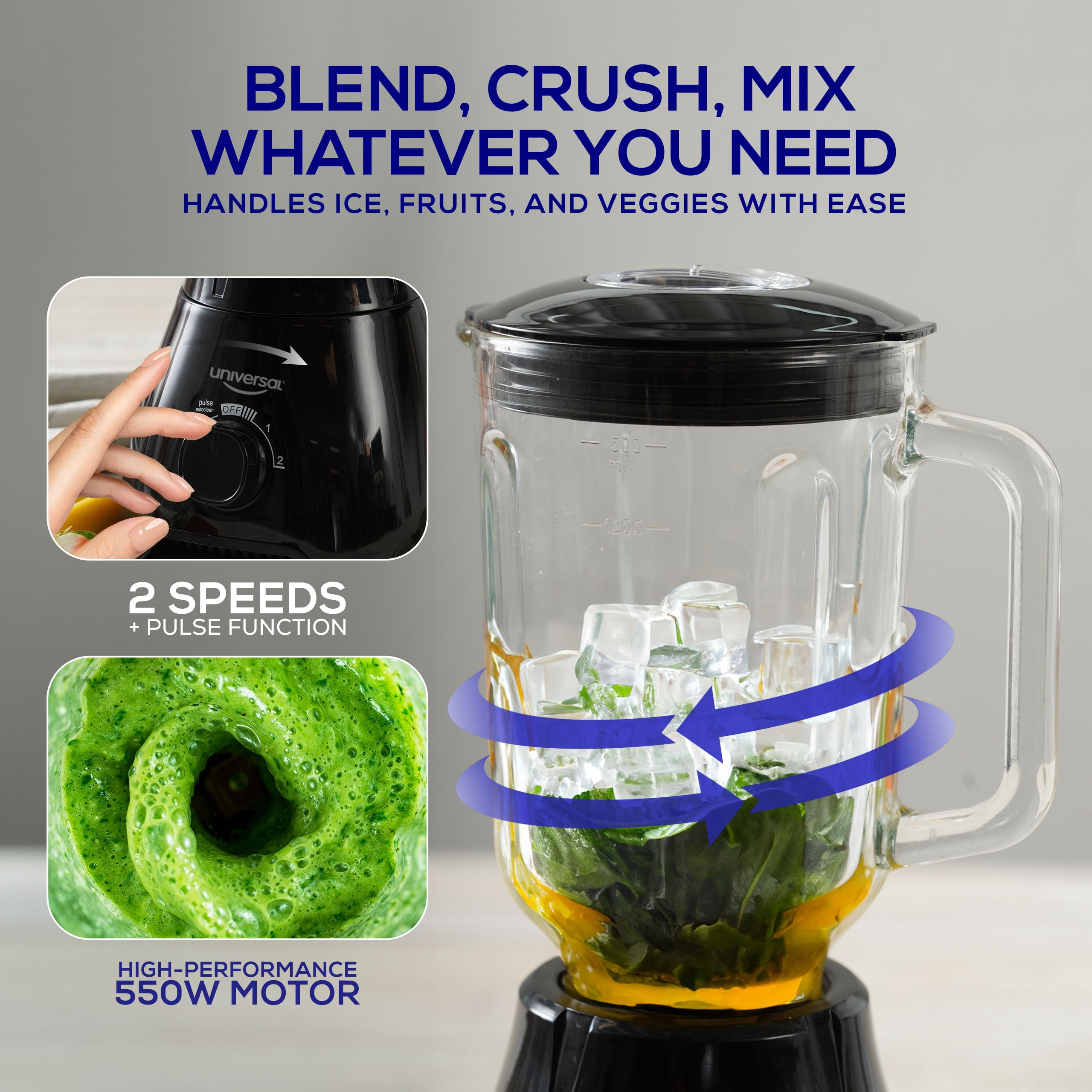 Universal 550W Mass Vital Blender - Glass Jar 57 Oz / 1.8 Quart / 1.7 Liter, 2 Speed + Pulse Function and 4 Stainless Steel Blade with Chrome Steel Technology