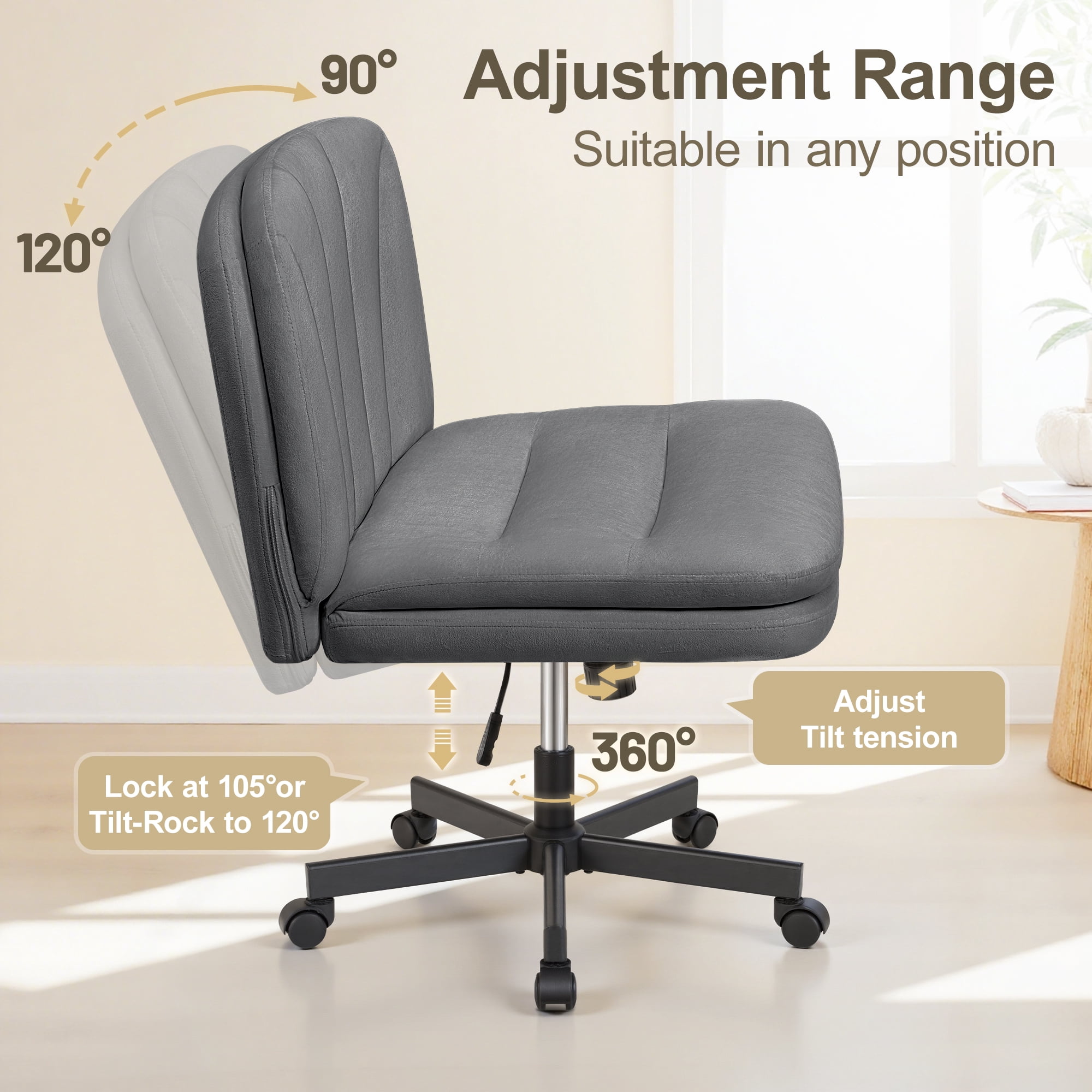 ATHOPE Criss Cross Chair with Wheels, 26"W Cross Legged Office Chair, Armless Vanity Desk Chair with 2 Layer Back & Seat, Swivel Height Ajustable for Home Office Bedroom, Gray Velvet