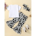 thumbnail image 3 of Genuiskids Western Toddler Baby Girl Clothes Bell Bottom Outfit Cow Print Short Sleeve T Shirt Top Flare Pants Set Cowgirl Outfit 0-4T, 3 of 9
