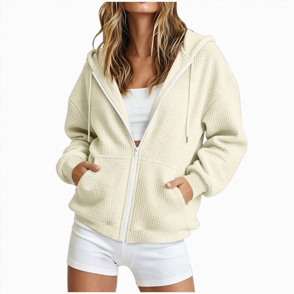 KPOPLK Sweatshirt for Women Zip up Hoodies Long Sleeve Fall Oversized Sweatshirts Waffle Jacket with Pockets(XL,Beige)