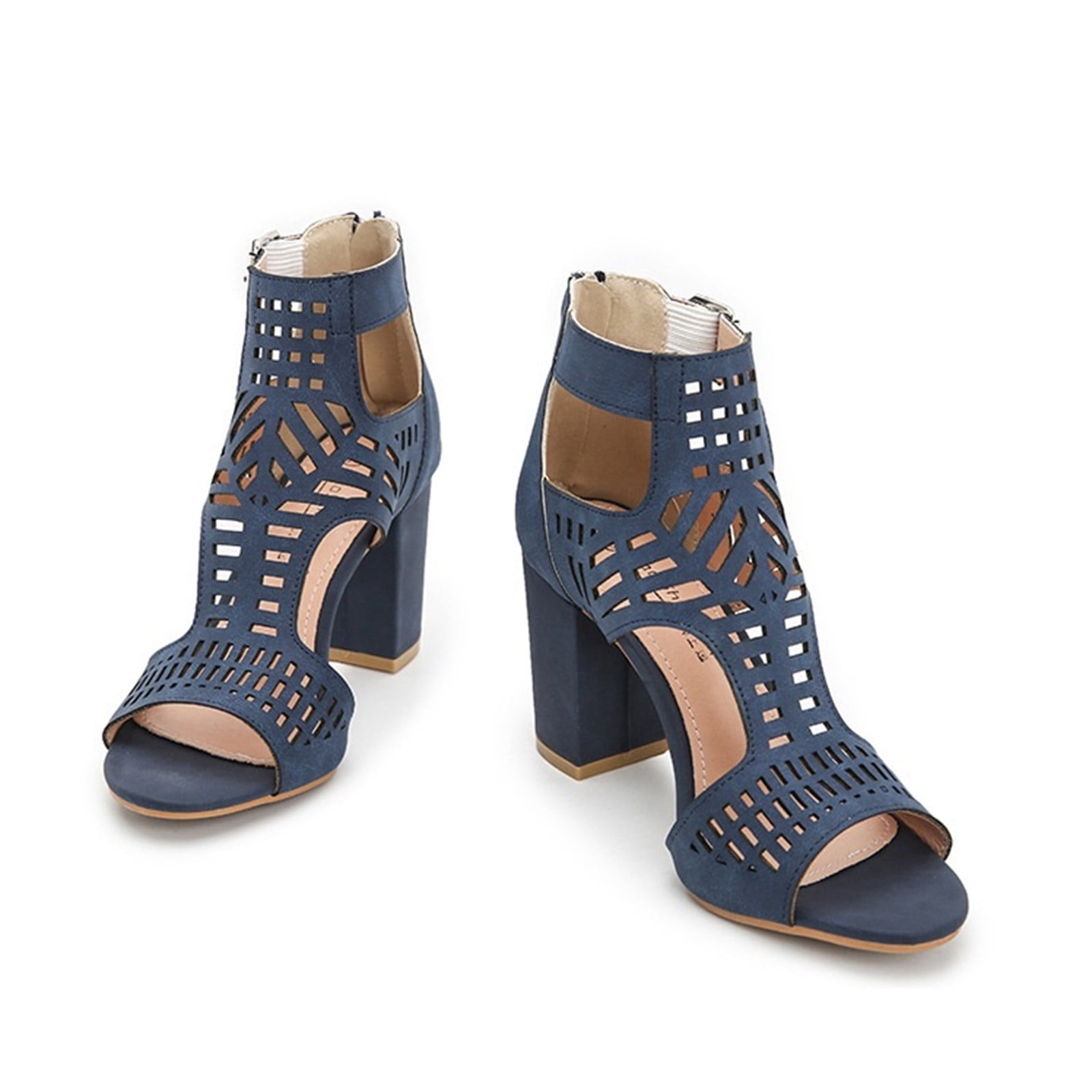 Beige Wedding Sandals Peep Toe Ankle Strap Studded Chunky Heels|FSJshoes