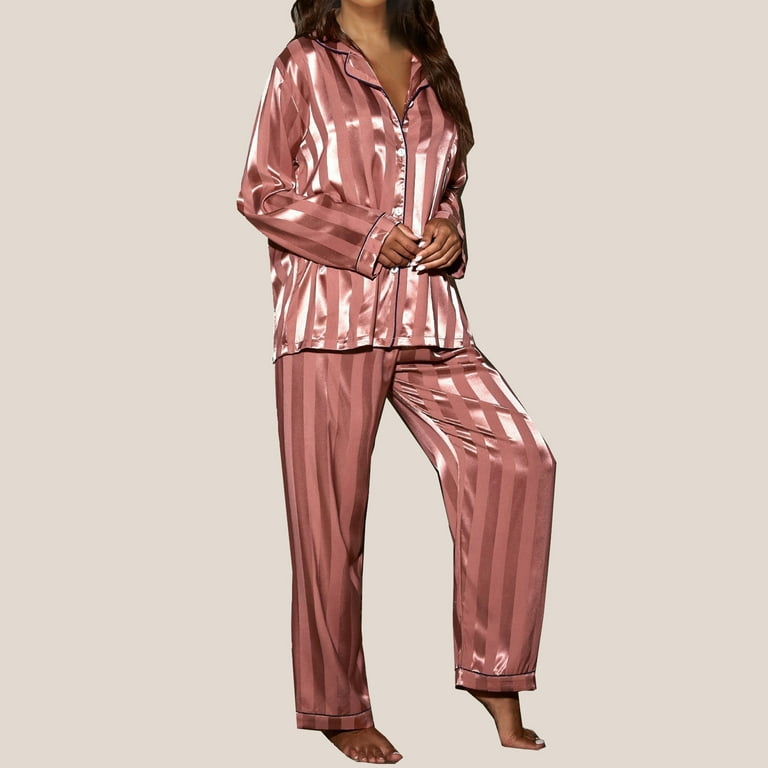 Women's Satin Pajama Set Soft Loose Striped Long Sleeve Button Down Shirt  and Elastic Waist Pants Set Loungewear (Beige, S) at  Women's  Clothing store