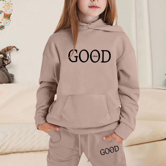 GobdXE Kids 2 Piece Fall Winter Long Sleeve Hoodie and Drawstring Long Jogger Pants GOOD Vibes Letter Print Tracksuit Set 4-5 Years,Khaki