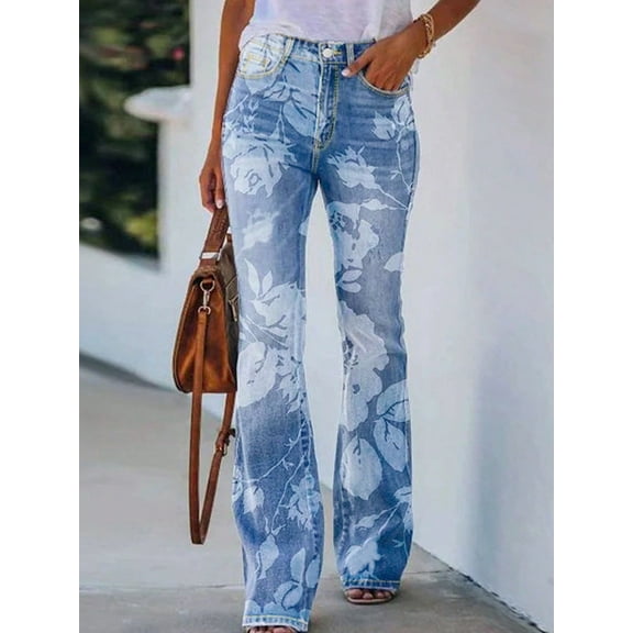 Women's Floral Print Flare Jeans High Waisted Stretch Long Denim Pants Baggy Bell Bottom Waisted Vintage Fashion Boyfriend