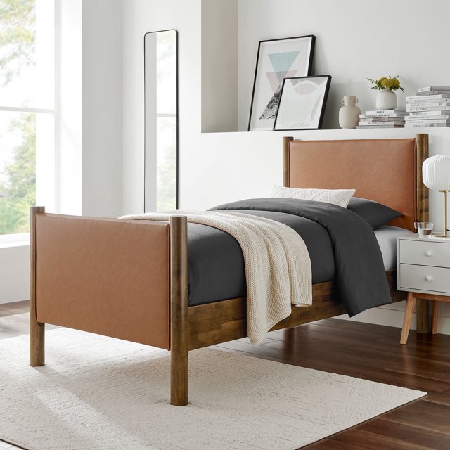 Modway Maven Lit Plateforme Rembourré en Cuir Végétalien Format Simple, Noyer Beige