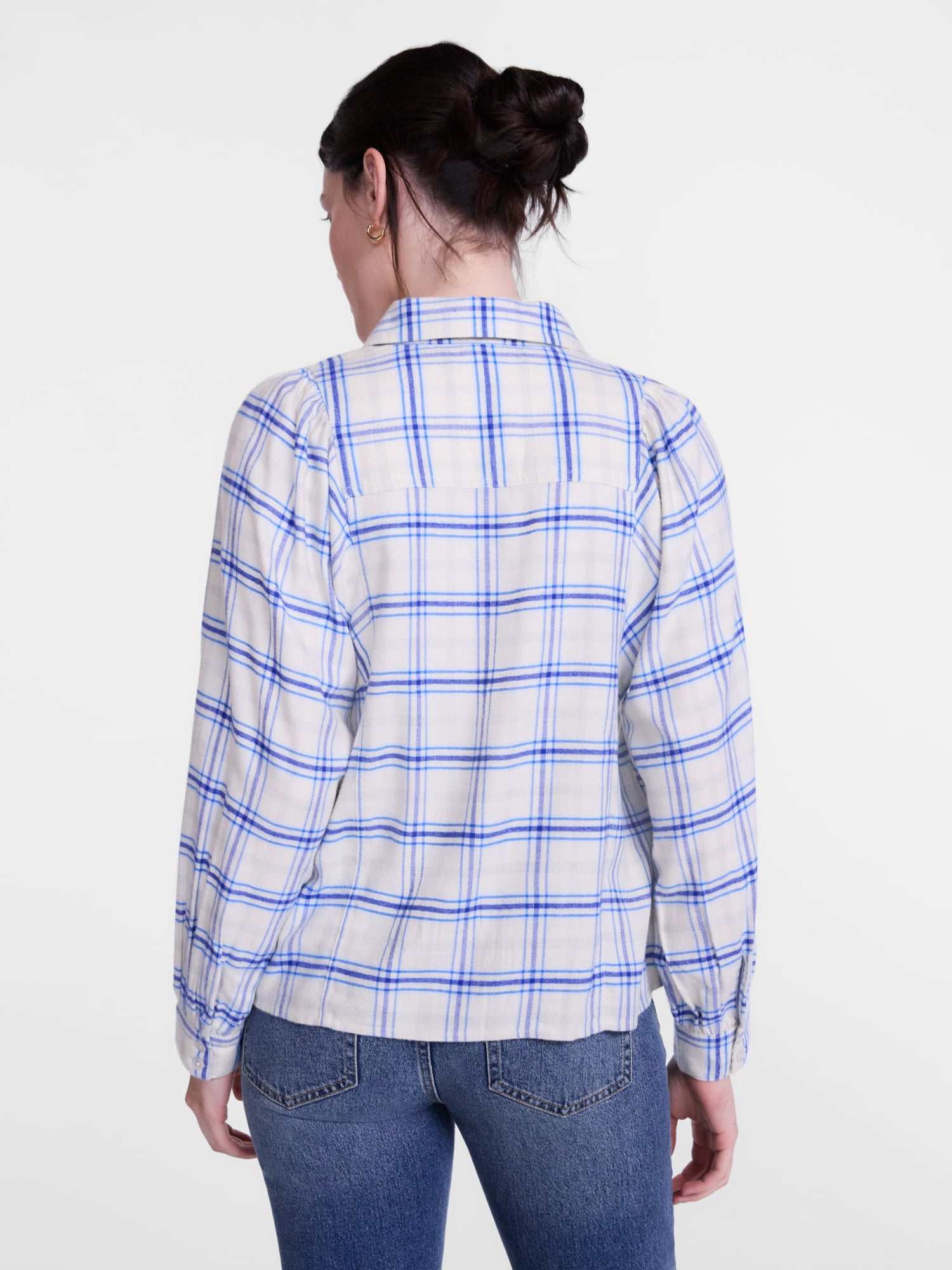 Scenario Women's Plaid Shirt with Long Puff Sleeves, Sizes XS-XXXL