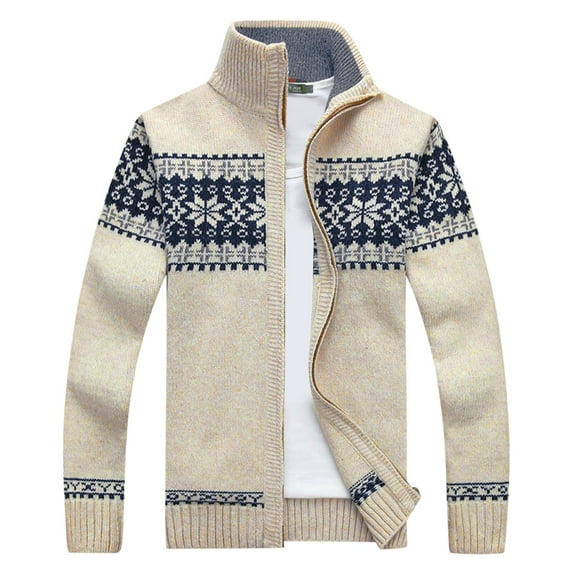 DHFJKG Mens Christmas Cardigan Sweater Zipper Jacket Snowflake Printed Long Sleeve Stand Collar Knitted Sweaters Coat Leisure Outerwear