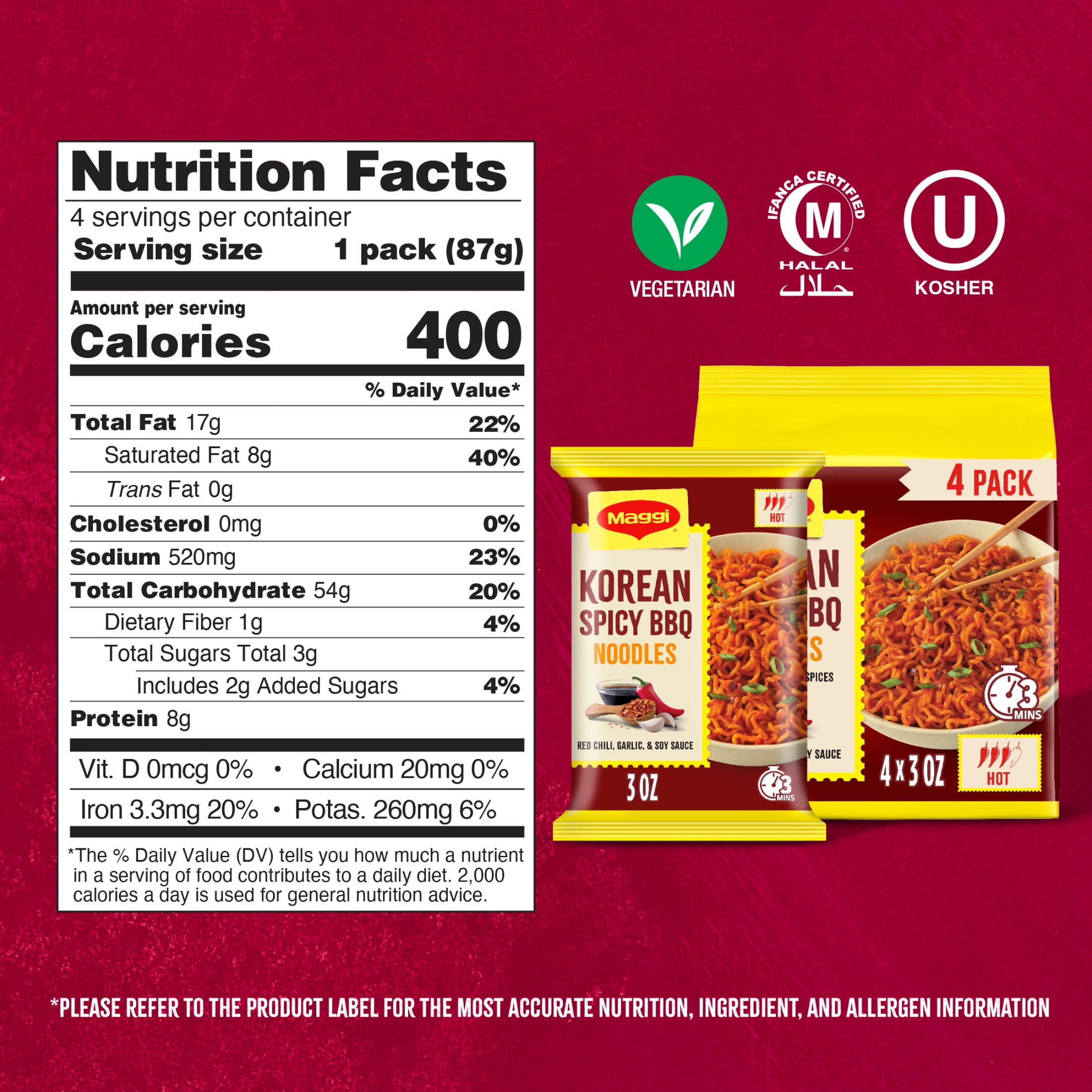 (3 pack) Maggi Korean Spicy BBQ Noodles, Korean Instant Noodles, 3 min, Spicy Ramen, 4PK 12.2 oz
