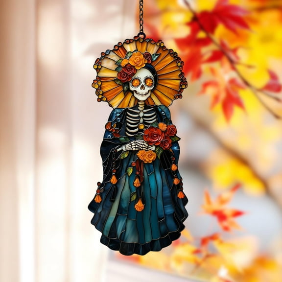 Marigold Catrina Acrylic Suncatcher Day Of The Dead Faux Stained Glass Window Hanging, Calavera Skeleton Decor Gift For Altar