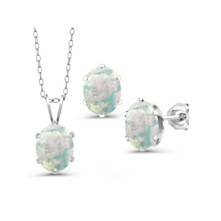 Cabochon Jewelry Set - 3.15 Ct Cabochon White Simulated Opal 925 Silver Pendant Earrings Set With Chain