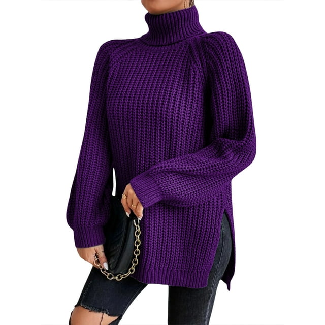 EYIIYE Chandail d'Automne Hiver pour Femmes à Manches Longues Col Roulé Tricoté chandail Couleur Unie Ourlet Fendu Long Tricoté Ample Décontracté Confortable