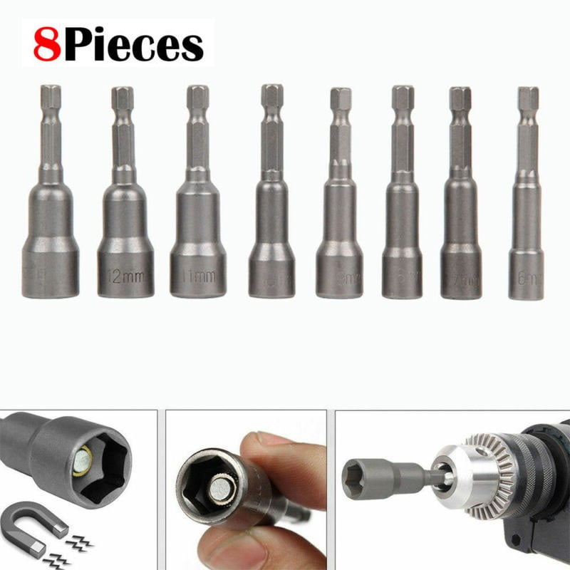1/4" Hex Shank Power Drill Socket 8pc Extra Long 150mm Magnetic Nut Driver 