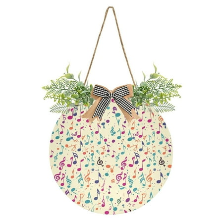 Colorful Music Notes Welcome Front Door Sign Round 12 inch Porch Hanging Sign with Wreath Farmhouse Rustic Garden Decor