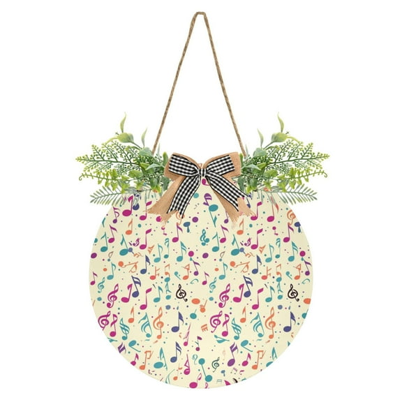 Colorful Music Notes Welcome Front Door Sign Round 12 inch Porch Hanging Sign with Wreath Farmhouse Rustic Garden Decor