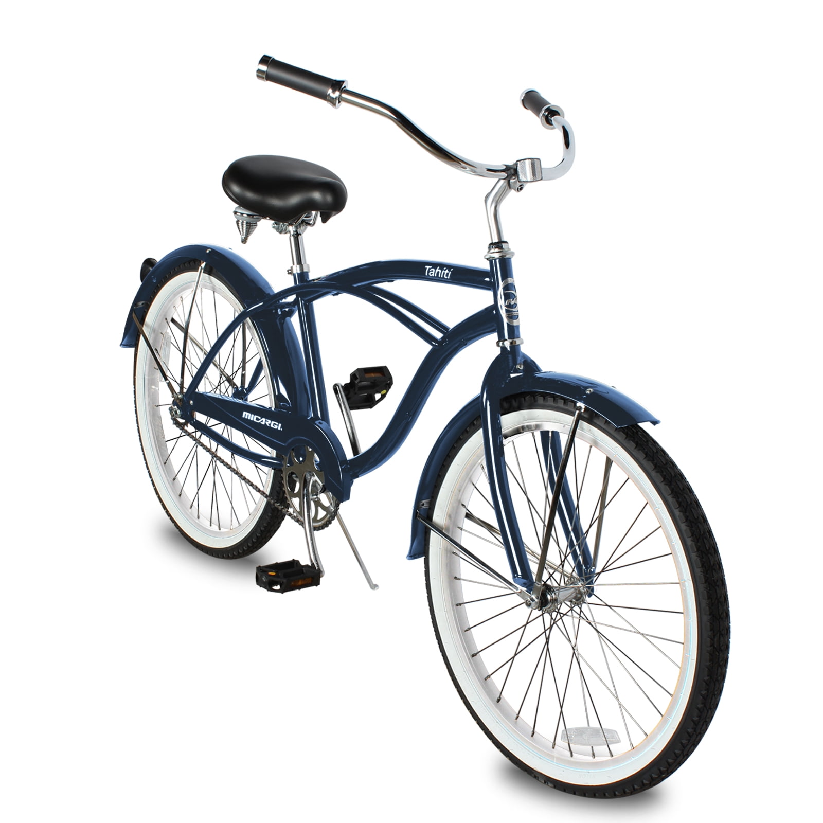 Micargi TAHITI 26" Beach Cruiser Coaster Brake Stainless Steel Spokes One Piece Crank Alloy Black Rims 36H White Wall Tire With Fenders Color: Dark Blue/ Black
