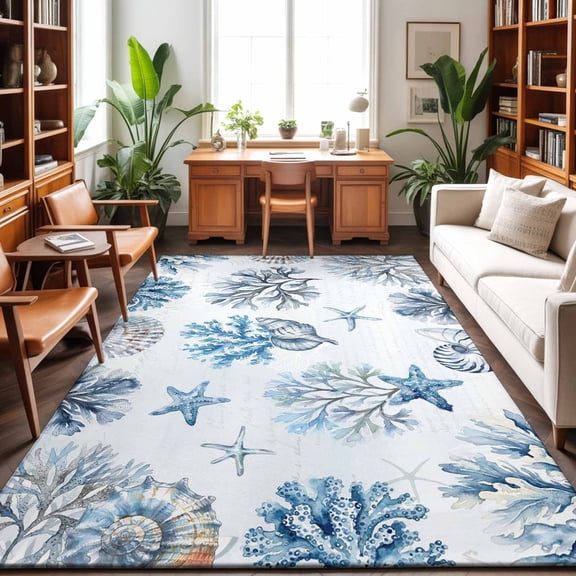 Large Area Rugs 8'x10', Blue Coastal Carpet Runner Indoor Outdoor Rugs Home Decor Aesthetic, Summer Retro Ocean Sea Corals Starfish Shells Non Slip Mats Washable Accent Rug for Living Room Bedroom