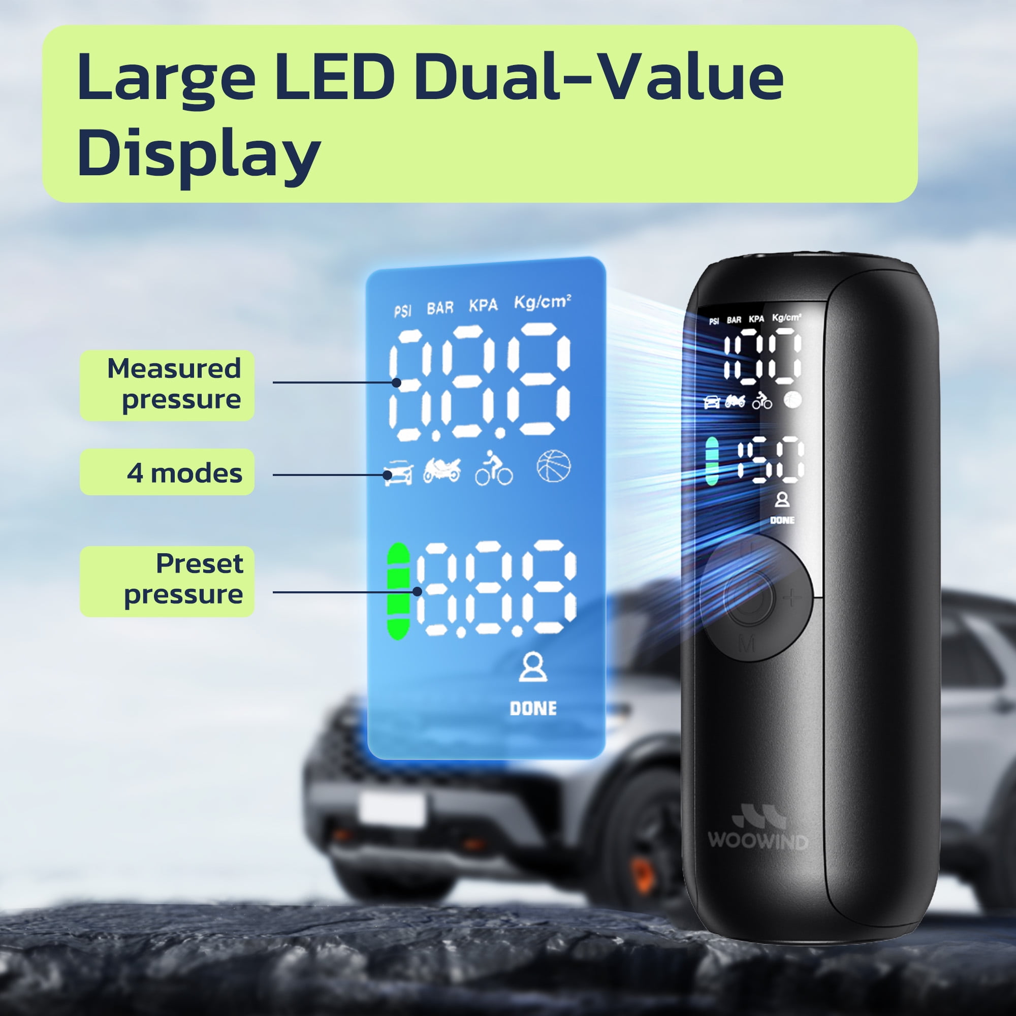 Woowind LP1 Portable Tire Inflator, 150PSI, Battery Powered Air Pump, Auto Shut-off, LED Light, Dual Valves, Compact for Vehicles and Sports Equipment