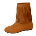 thumbnail image 6 of Hidden Wedges Mid Calf Fringe Boots for Women Boho Winter Fall Studded Suede Round Toe Dress Cowgirl Booties Brown Size 6.5, 6 of 7