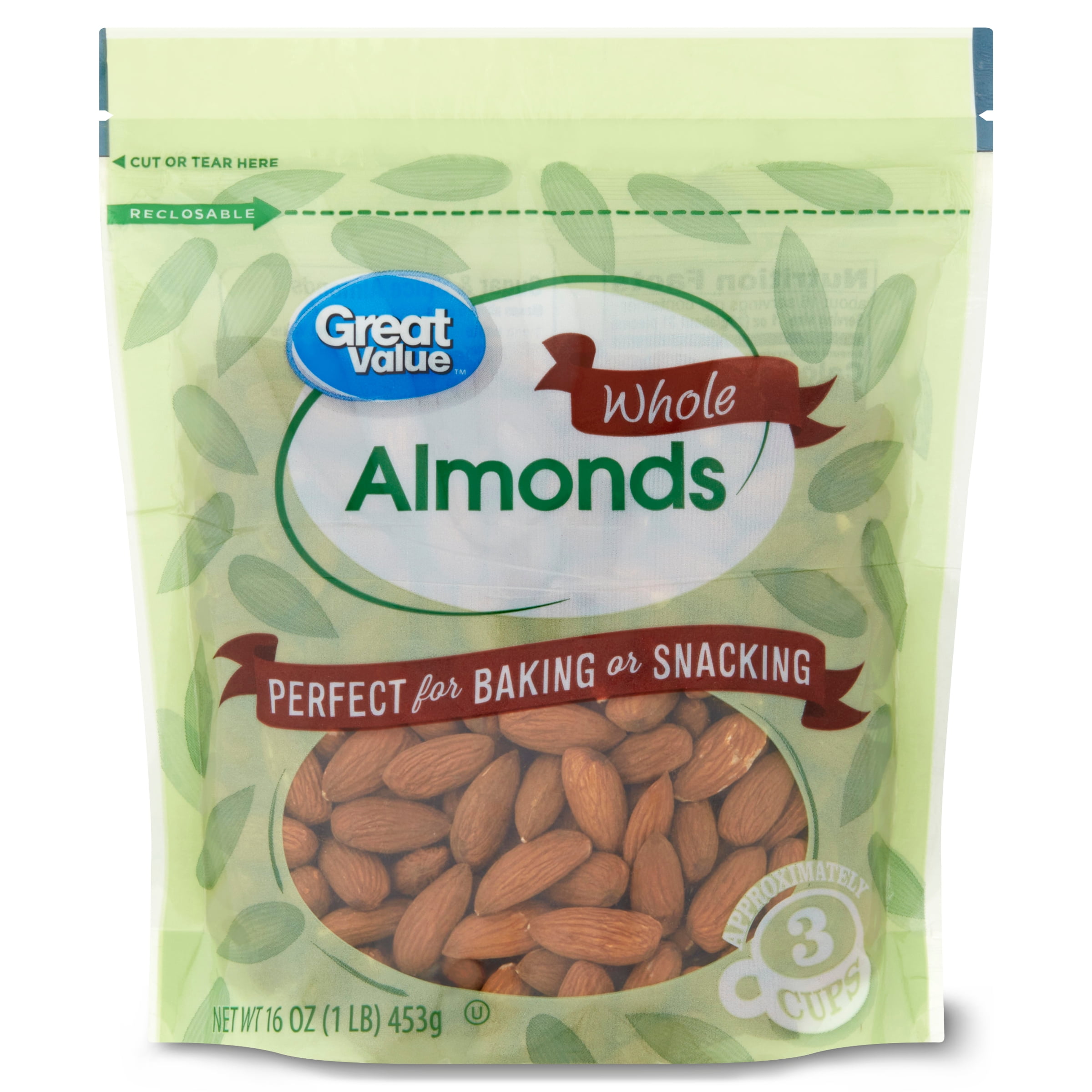 Great Value Whole Almonds, 16 oz, Re-Closable Pouch