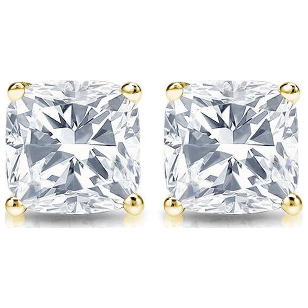 JeenMata Pendientes Tipo Botón con Solitario de Diamantes de Talla Cojín de 1 Quilate y 4 Puntas Chapados en Oro Amarillo de 18 K sobre Plata