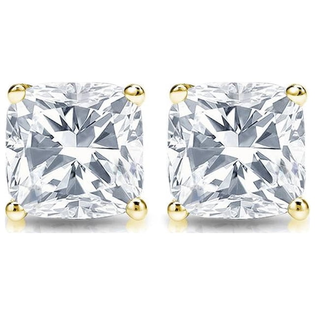 JeenMata Pendientes Tipo Botón con Solitario de Diamantes de Talla Cojín de 1 Quilate y 4 Puntas Chapados en Oro Amarillo de 18 K sobre Plata