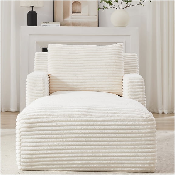 JERFIT White Corduroy Sofa Bed, 1-Seater Chaise Lounge for Living Room, No Assembly Required Sleeper Chair with Pocket Springs