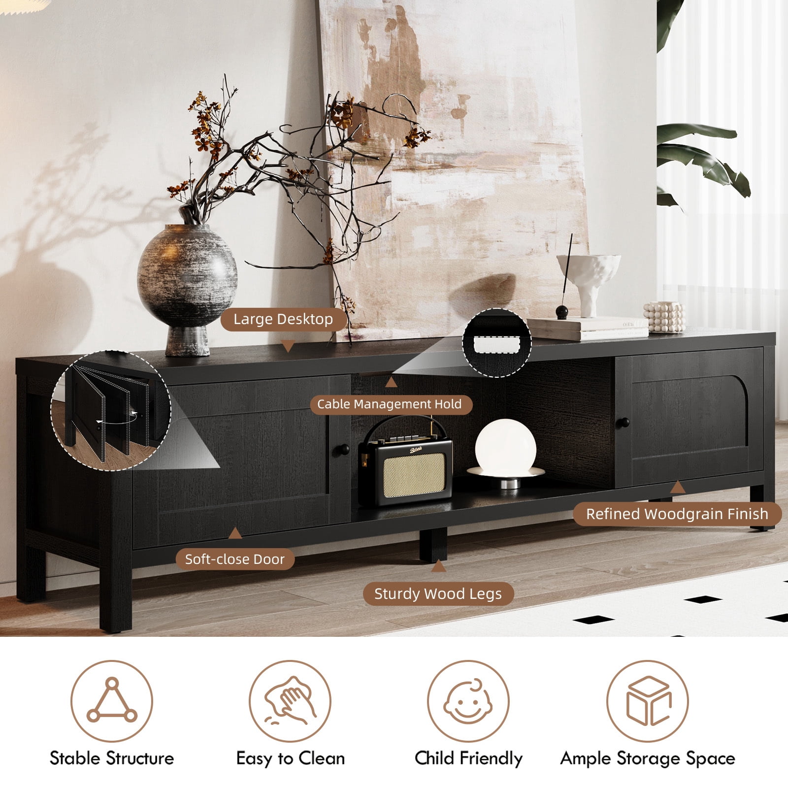 Furnibear 70" Modern TV Stands for 65 70 Inches TV, Media Console, with TV Entertainment Center with Cabinet Storage for Bedroom Living Room,Black