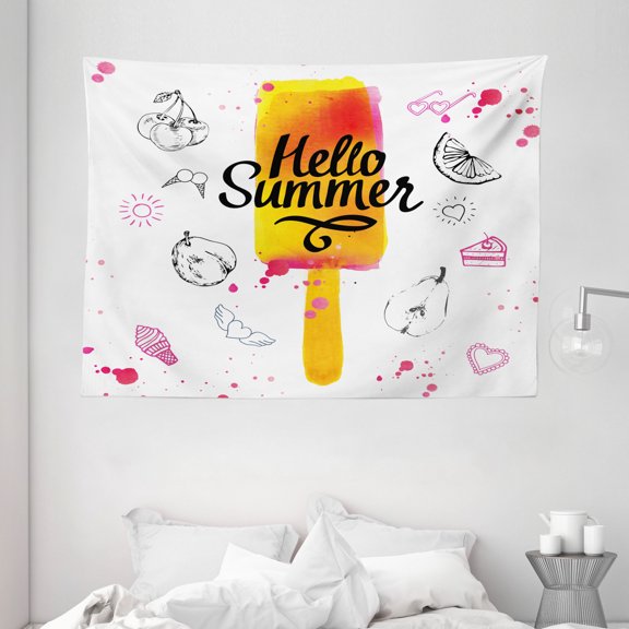 Ice Cream Decor Tapestry, Hello Summer Motivational Quote with Lime Heart Sun Cake Color Splash Image, Wall Hanging for Bedroom Living Room Dorm Decor, 80W X 60L Inches, Multicolor, by Ambesonne