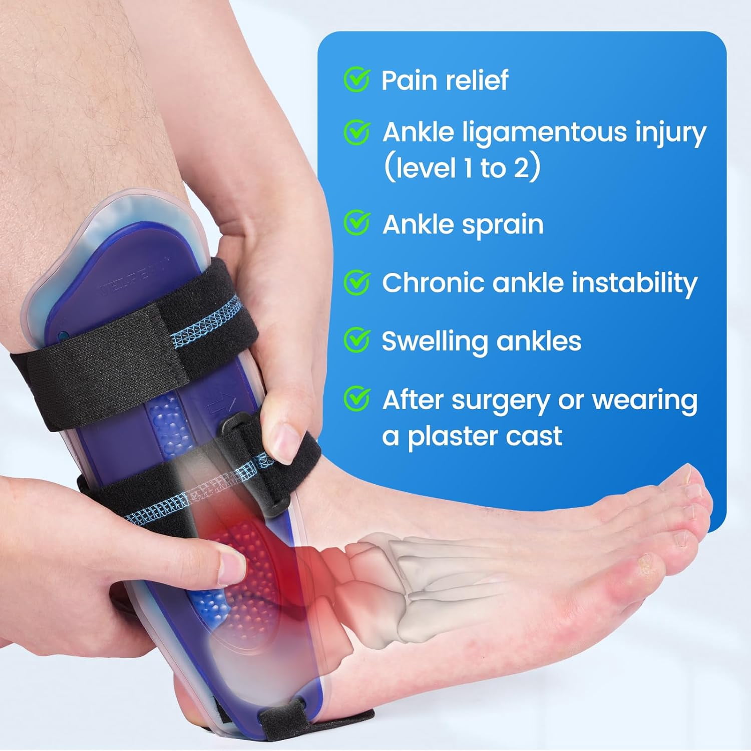 Velpeau Ankle Support Brace for Men & Women, Ankle Stabilizer, Stirrup Splint for Sprains, Tendonitis, Volleyball, Basketball, Sprained Ankle, Reversible Left & Right Foots, One Size (Gel Pad, Blue)