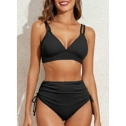 Eytino Bikinis for Women High Waisted Bikini Sets Swimsuit Ribbed V Neck Drawstring Tie Side Bottom Two Piece Bathing Suit Black L