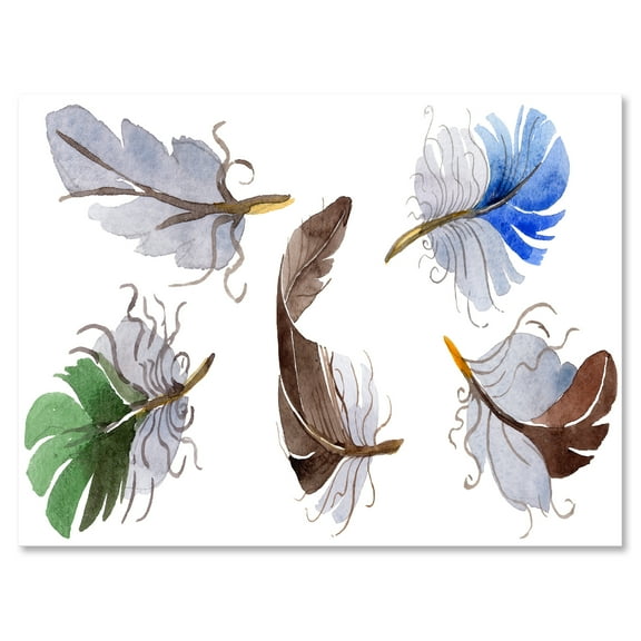 Designart ' Colourful Boho Feather Set On White IV ' Bohemian & Eclectic Canvas Wall Art Print