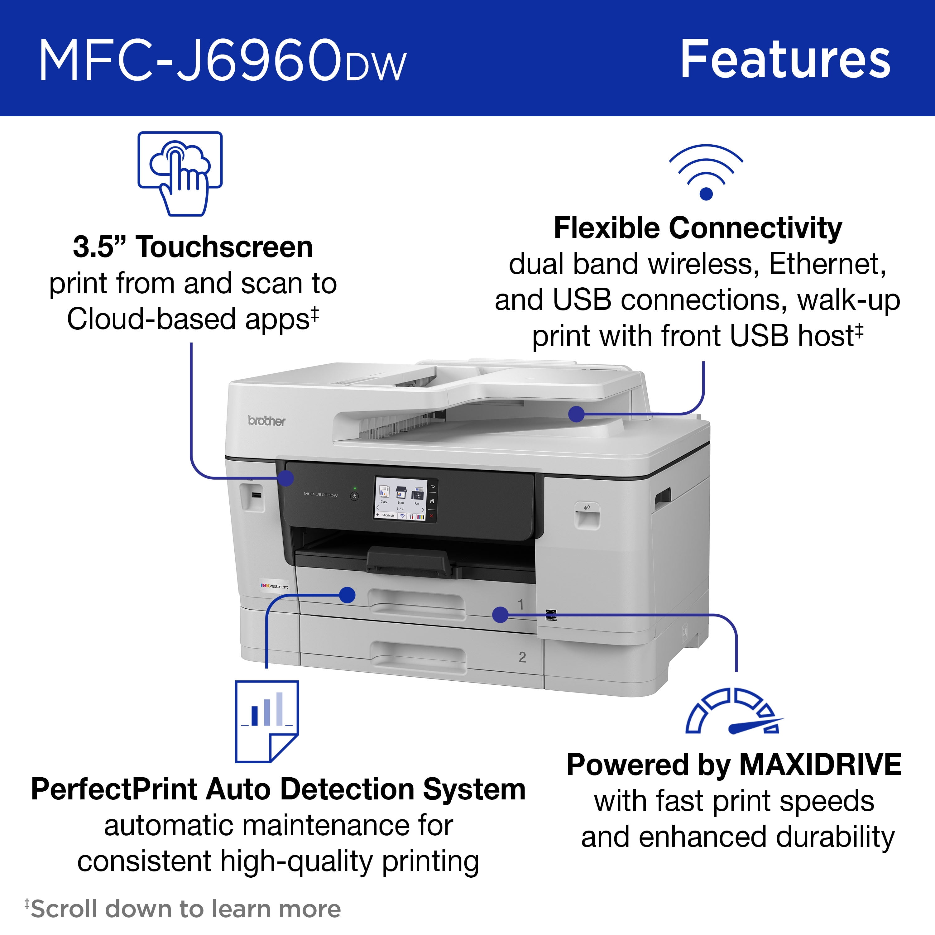 Brother INKvestment MCF-J6960DW Wireless Color Inkjet All-in-One Printer with 11”x17” capabilities and 3.5” Color Touchscreen