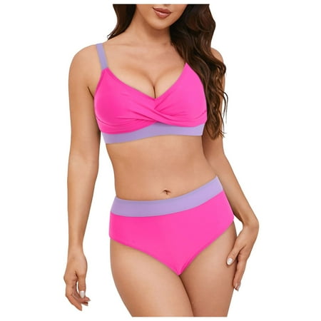 TTUHYWXI Women s High Waisted Bikini Sets Tummy Control Swimsuits Two Piece Color Block Modest Bathing Suit BF-Hot Pink XXL