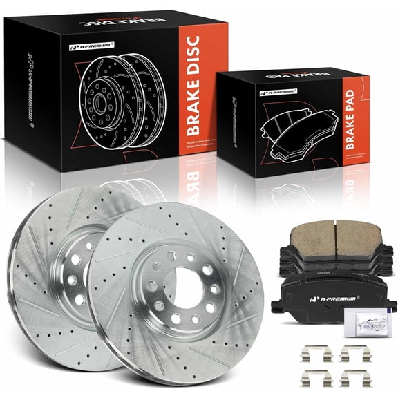 A-Premium 12.01 in (305 mm) Front Drilled and Slotted Disc Brake Rotors   Ceramic Pads Kit Compatible with Select Jeep and Fiat Models - Compass 2017-2022, Renegade 2015-2022, 500X, 6-PC Set