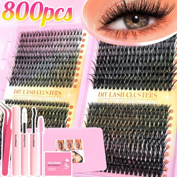 800pcs Eyelash Extension Kit, Multiple Lengths 30D-60D, Natural & Dramatic Looks, Soft Comfortable, DIY at Home, Beginner Friendly Set, DIY Lash Clusters